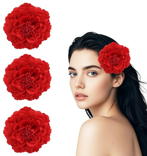 3Pcs Clips de Pelo de Flor para Flamenca,Flor Rojo Flamenca Pelo,Flores Sevillana Pinza Accesorios,Horquillas de Peonía,Clavel Clips para Mujer Niña Boda Fiesta Festivales