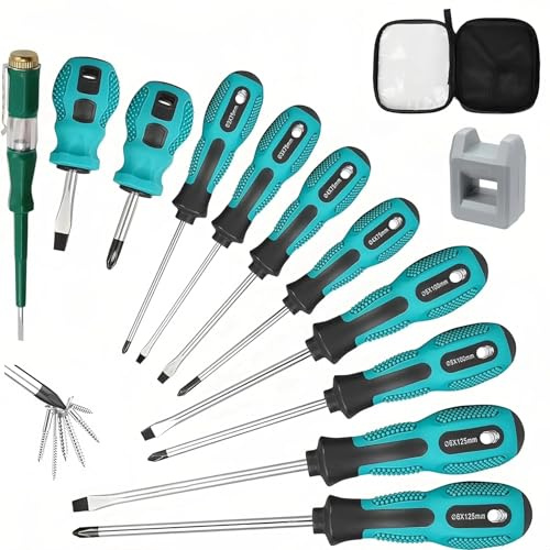 PhieeSeriy 11-teilig schraubendreher-Set, Schraubendreher Set Magnetisch mit magnetischer Spitze, 5 Schlitz und 5 Kreuzschlitz Schraubendreher Satz für Handbetätigung, Unabhängiger Spannungsprüfer
