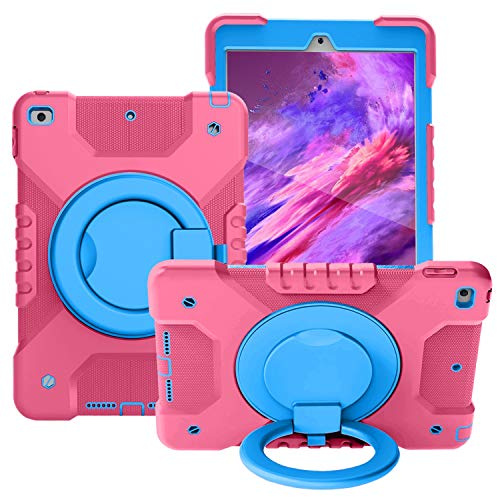 Resa med surfplatta Tablet Väska till iPad 10.2 2019/2020, Barn Slitstarkt stötskyddat skyddskåpa, med vikhandtag, roterande kickstand, bär axelrem Surfplatta skydd(Rose red+blue)