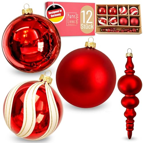 Weihnachtskugeln im wunderschönen Handwerk-Design - 12-TLG. Set mit exklusiven Christbaumkugeln – Weihnachtsbaumkugeln - Einzigartig-festlicher Baumschmuck rot/weiß
