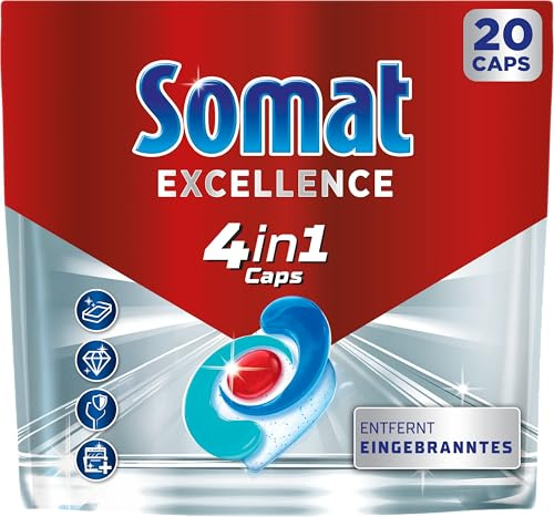 SOMAT Excellence 4-in-1 Caps (20 AW), Quick Resolution Dishwasher Caps for Brilliant Shine Even in Low Temperature, Short & Eco Programs, Somat Caps Powerfully Remove Burnt On Food