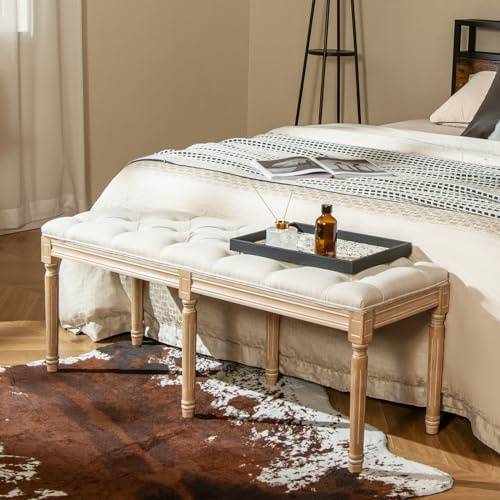 COSTWAY Banco de Entrada Vintage Francés, Taburete para Pie de Cama, Banco de Entrada con 6 Patas, Otomano al Final de la Cama para Entrada, Sala de Estar, Dormitorio y Comedor, 120x40x49 cm, Beige