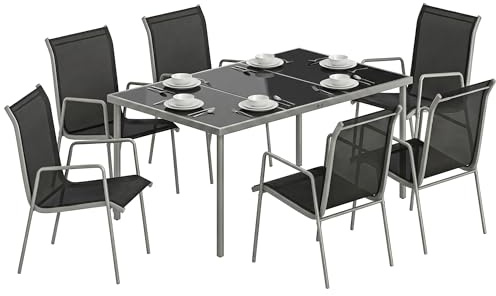 Outsunny Set Tavolo e Sedie da Giardino 7 Pezzi, Set Pranzo Esterno con 6 Sedie Impilabili in Texteline, Tavolo in Vetro Temperato, Struttura in Metallo, per Terrazza Balcone, Argento e Nero