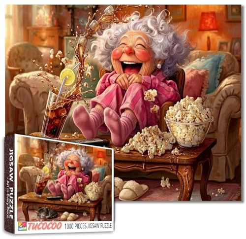 Laughing Grandma with Popcorn & Soda Jigsaw Puzzles for Adults 1000 Pieces Comedy Scene DIY Puzzles for Family Activity Games Elderly Lady Art Puzzles Home Wall Decor Craft Gifts 19.7 x 27.6 Inch