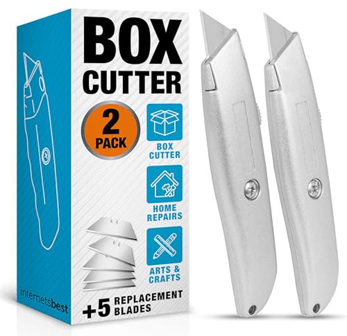 INTERNET'S BEST Premium Utility Knife Set | Retractable Box Cutter with Metal Handle | Heavy-Duty Cutting for Cardboard, Carpet, Plastic | Retractable Blade | Includes 2 Razor Knives & Extra Blades