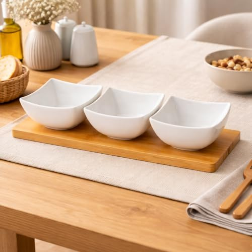 DRULINE Dipschalen Set 4er mit Bambus Tablett – Keramik Schälchen für Dips, Tapas & Snacks – Servierschalen klein, spülmaschinenfest & mikrowellengeeignet – Dessert & Snack Schalen