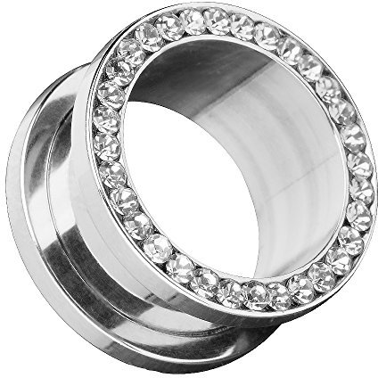 Piersando Flesh Tunnel Ohr Piercing Plug Ohrpiercing Schmuck Schraub aus Edelstahl Tribal mit Zirkonia Kristall Steinen Silber 10mm Clear