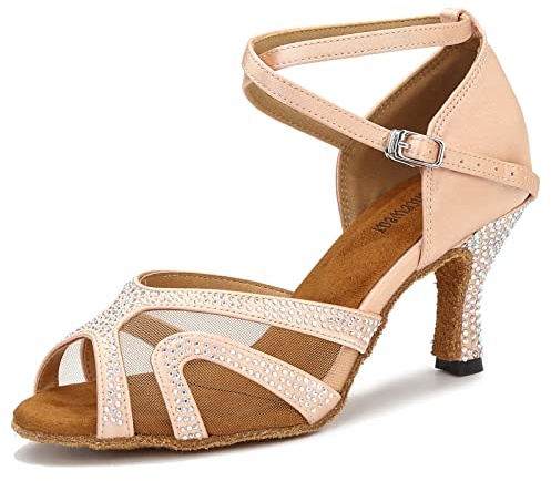 Rhinestones Ballroom Dance Shoes Women Latin Salsa Bachata Performance Dance Shoes Suede Sole (8, Nude-2.5inch Heels)