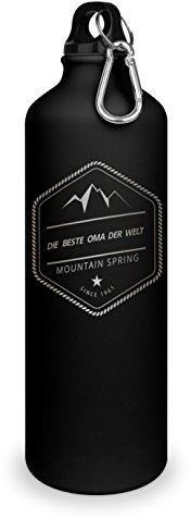 Trinkflasche mit Namen Beste Oma der Welt - graviert mit Adventure Layout, Aluminiumflasche mit Gravur, Sportflasche - matt schwarz
