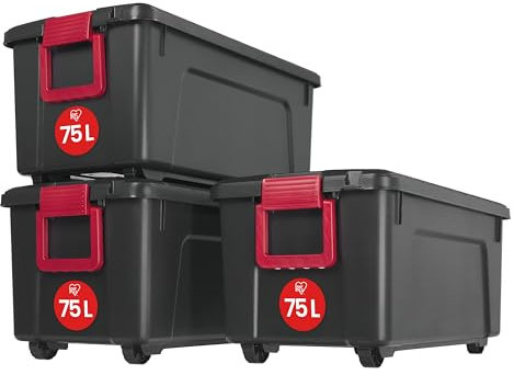 Iris Ohyama, große Kunststoff-Aufbewahrungsbox, 75 l Garagen-Aufbewahrungsbox, 3er-Set, SIA-75, schwarz, stapelbar, Verschlussklammern – B78 x T39,5 x H35 cm