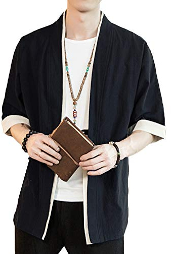 Liangzhu Herren Happi Kimono Haori Jacke Übergangsjacke Mäntel Hanfu Langarmshirts Cardigan Schwarz 4XL