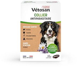 Clément Thékan - Vétosan Collier Antiparasitaire pour Chiens - À l'extrait de pyrèthre et d'huile Essentielle de lavandin - 1 Collier de 68 cm