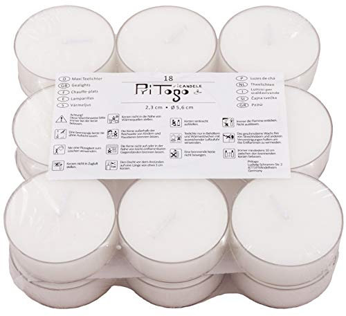 Pritogo Maxi Teelichter (18 Stück) Kunststoffhülle Brenndauer: 7 Std. XXL Ø 5,8 * 2,2 cm Jumbo Teelichte Plastikschale unbeduftet