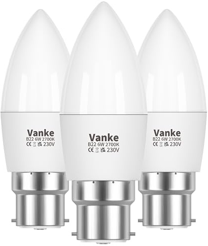 Vanke B22 Candle Light Bulb, 6W(40W Equivalent), Warm White 2700K, 3-Pack | LED Bayonet Bulb, BC Lightbulb, 470 Lumen, Save 85% Energy, Non-Dimmable