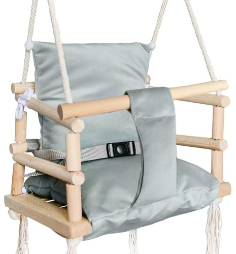 Gitterschaukel Babyschaukel zum Aufhängen Schaukel für Kleinkinder Anschnallgurt ab 12 Monate Holz Indoor Outdoor 18026, Farbe:Grau-Grey