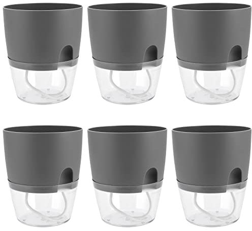 ZEONHEI Set di 6 vasi per erbe aromatiche, 18,2 x 11 x 15,3 cm, auto-irriganti, in plastica, per davanzale della finestra, cucina, grigio