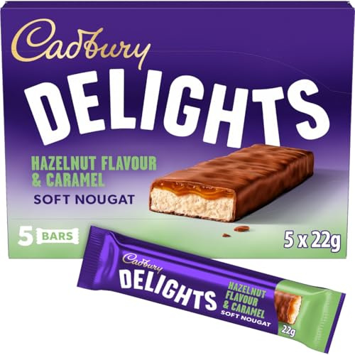 Cadbury Delights Soft Nougat Hazelnut Flavour & Caramel Bars, Chewy Nougat Bars With Hazelnut & Caramel, Multipack of 5 x 22 g (Pack of 1)