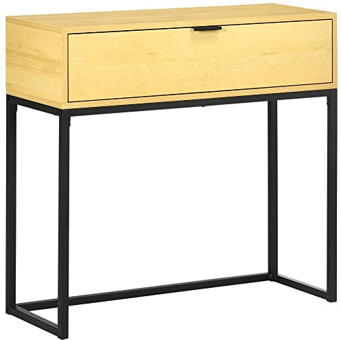 HOMCOM Mesa Auxiliar para Sofá con Cajón Patas de Acero 80x30x76 cm Natural