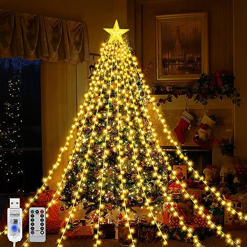 Micacorn Luces Arbol Navidad con Estrella, USB Luces de Cascada de Arbol Navidad Impermeables 2M x 9 Hilos 198 LEDs 8 Modos con Control Remoto para Fiestas de Bodas Navideñas