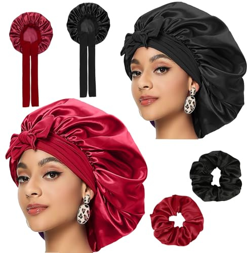 RVLZKCPG 2 Stück Bonnet, Satin Haarhaube, Schlafhaube Seide, Lockenhaube Seidenhaube zum Schlafen, Haarschutz für Die Nacht, Silk Bonnet Sleep Cap mit Elastischem Band für Damen