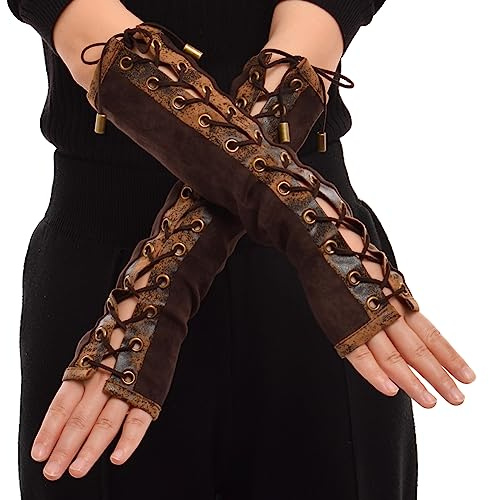 BPURB 1 Paar Damen Steampunk Fingerlose Handschuhe Ellenbogen Lace Up Handschuhe für Halloween Kostüm Cosplay Party