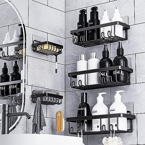 Fadun Shower Caddy 5 Pack Shower Rack No Drilling Bathroom Shelves with Soap Dish Adhesive Shower Organiser-Black