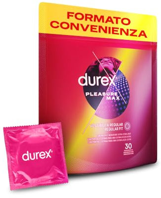 Durex Pleasuremax, Preservativi con Rilievi e Nervature, Formato Convenienza, Confezione Riciclabile Salvaspazio, 30 Profilattici