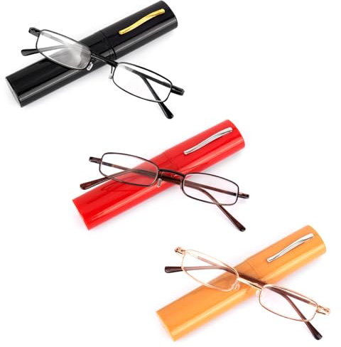 RUCUDIM Herren Damen Lesebrille, 3 Paars Metall Mini Schmal Kleine Tragbare Anti Blaulicht Brille Mit Federscharnier, 1.50 Lesehilfe Mit Etui (Schwarz Gelb Rot)