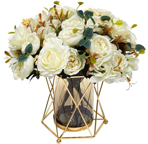 Faux Flowers with Vase, Silk Peony Bouquet Artificial Flowers in Vase, Fake Flowers Floral Arrangement for Home Decor Indoor, Table Centerpieces Flowers Decoration for Farmhouse (White Peony)