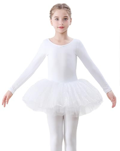 FONLAM Mädchen Ballettkleid Balletttrikot Baumwolle Ballettanzug Tanztrikot Tanzkleid Ballettrock Glitzer Ballett Tütü Kinder (8-9 Jahre, Weiß)