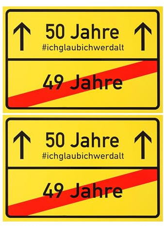 Ortsschild zum 50.Geburtstag, 2 Stück, 1 mm PVC, 30 x 20 cm, Scherzartikel für Geburtstagsgeschenk, Geburtstagsüberraschung 50 Jahre, Schild als Geburtstagsdekoration, lustiges Hinweisschild fünfzig