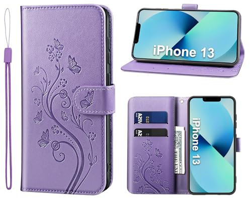 KRAFTCARE Mobiltelefonskal för iPhone 13, för iPhone 13, fodral med kortfack, pengar, plats, stativ, magnetisk stängning, flip skal, läder, skyddande fodral, mobilskal för iPhone 13 fodral, lila