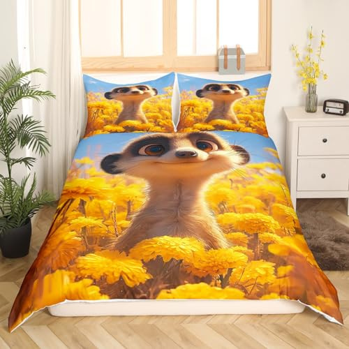 Cute Beaver Bedding Set Kids Cartoon Animals Comforter Cover Yellow Daisy Flowers Duvet Cover Room Decor Natural Rustic Bedspread Cover Queen Bedding Collection 3Pcs,No Comforter