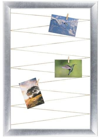 CLAMARO Neo Collage Bilderrahmen mit Fotoleine, 65x85 cm, Silber | 20 Holzklammern, Jutekordel, MDF-Rahmen 38 mm breit, Metall-Wandhalterung, ideal als Fotocollage oder Galeriewand