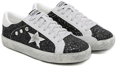Star de Moda Femenina Sneaker Glitter Brillante Fashion Brillante en informes Bling Bling Llegado Zapatos de Concierto Lienzo Low Top Lace Up cómodo Caminata Acolchada para la casa