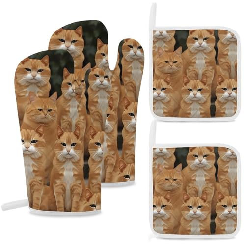 Ofenhandschuhe und Topflappen, Set mit orangefarbenen Katzen, 4-teilig, hitzebeständig, rutschfest, Ofenhandschuh-Set zum Kochen, Backen, Grillen