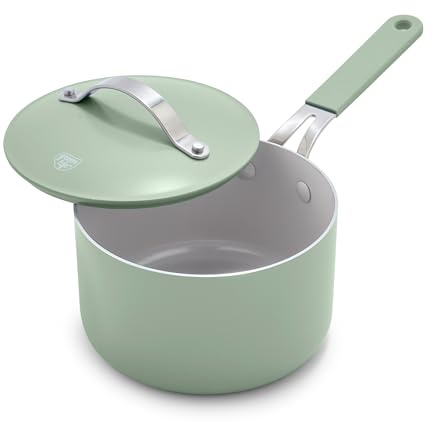 GreenLife 2 Quart Nonstick Saucepan with Lid, Lightweight Healthy PFAS-Free Milk Pan, Dishwasher & Oven Safe Soup Pan, Durable Body, Silicone Stay-Cool Handle, Easy Release Chef’s Pan, Sage Green