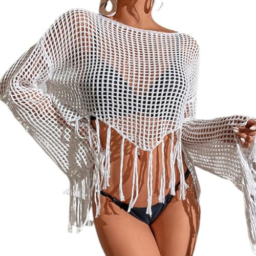Women Tassel Crochet Cover Up Hollow Out Mesh Fishnet Top Summer Long Sleeve Swim Beach Cover Up Sexy Swimsuit Swimwear See Through Party Clubwear Top