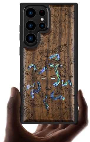 Carveit Designer Wooden Case for Samsung Galaxy S23 Ultra Case Cover [Wood Engraving & Shell Inlay] Compatible with Wireless Chargers S23 Ultra Case (The Medusa Enigma-Walnut)