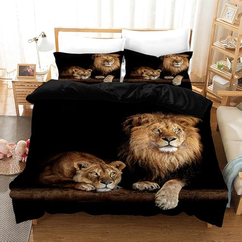 KXHHYB Löwen bettwäsche 135x200 Schwarz Tiermotiv,Versteckter Reißverschluss Microfaser WendeBettwäsche,Moderne Braune Löwe Steppdeckenbezug Und Kissenbezug (Style-2,135x200cm)