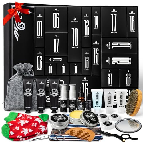 Calendrier de l'Avent 2025 Homme, Lionmane Kit Barbe, Coffret Cadeau de Noël 24pcs pour les Soins de Barbe, Cheveux, Visage et Corps, Kit de Soins de la peau pour Homme, Calendrier de l'avent Beauté