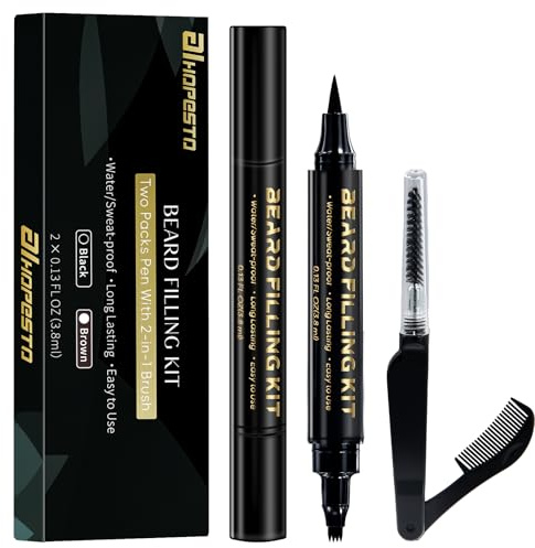 beard pencil pieces, beard filler for men, black 4-tip pen for a natural looking beard, 2 pieces of beard fillers and 1 piece of double beard brush