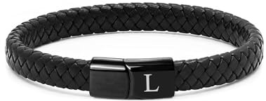 TOLOWOBK Lederarmband Herren mit Buchstaben Gravur Schwarz Geflochten | Personalisiertes A-Z Buchstaben Armband Edelstahl Magnetverschluss Armbänder Geschenke für Männer Jungs Schulstart Geburtstag