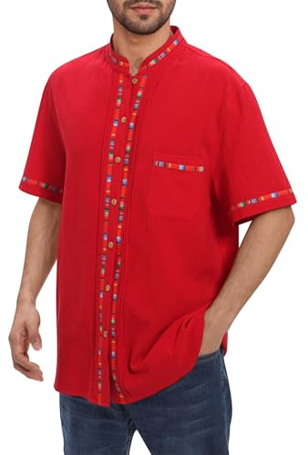 Mexican Shirts for Men Traditional Fiesta Cinco De Mayo Guayabera Shirts for Men Short Sleeve Button Down Embroidered Shirt Camisa Guayabera para Hombre Summer Dress Shirt for Party Festival Red L