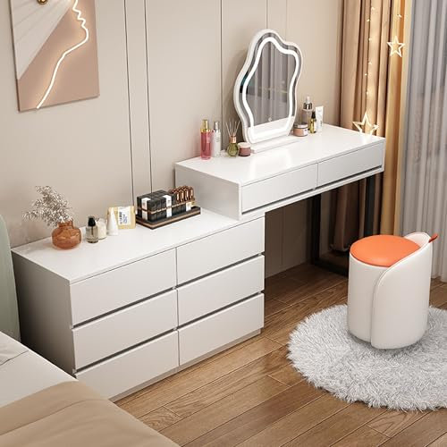 Moderner Schminktisch mit LED-Spiegelleuchten, Beistellschrank, große Schublade und Stuhl, idealer Make-up-Tisch für kleine Räume, 3 beleuchtete Modi, perfekt für Schlafzimmer, 100 cm