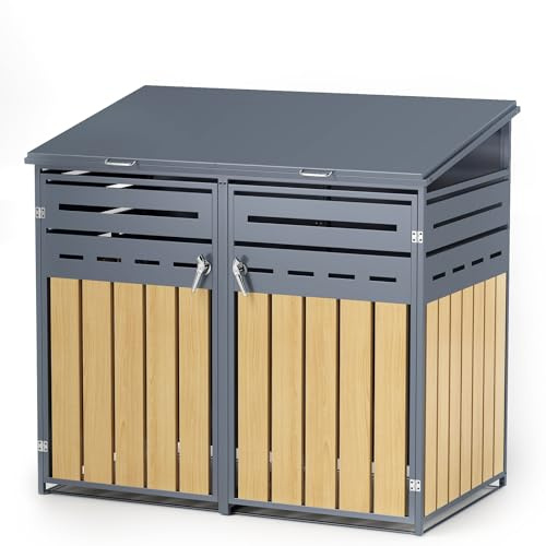 Mülltonnenbox für 2 Mülltonnen von 120-240 Litern, aus verzinktem Stahl in Anthrazit, abschließbare Gartenbox, Tonnenhaus, Müllbox mit schrägem Dach.