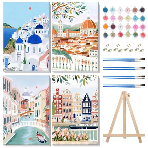 MISCER 4 Pack Atracción turística Pintar con Numeros con Marco, Paisaje Pintura Pintar por Numeros Adultos Niños,Pintura DIY en Acrílico u Óleo, Adecuada para Decoración del Hogar 20X30cm