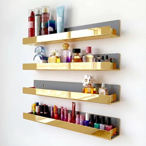 RORKIM 4 Pack 15 Inch Gold Reflective Acrylic Shelves, Gold Foating Shelves, Modern Sunglasses Essential Oil Picture Ledge Display Toy Storage Shelf