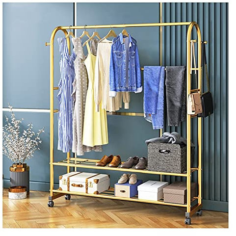 Metall-Kleiderstange mit Rollen, robuster Kleiderständer für Schlafzimmer und Wohnzimmer, Trockenständer für Kleidermäntel und Jacken, Gold-Finish, 120 cm