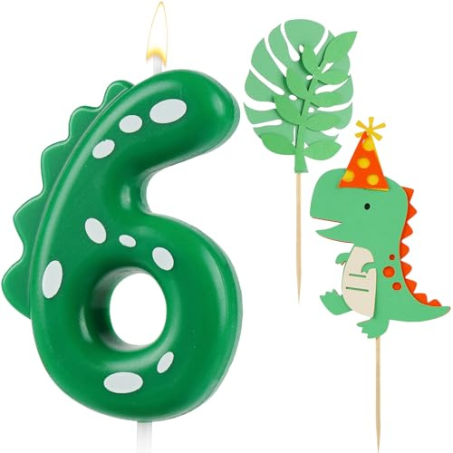 AIBAOBAO Geburtstagskerzen Zahlen 6, Kerzen Geburtstag Dinosaurier | mit 2 x Dino Tortendeko, Geburtstagskerze, Kerze Geburtstag, Kerze 6, Grün Zahlenkerzen für Torte Kinder 6Jahre Junge Mädchen